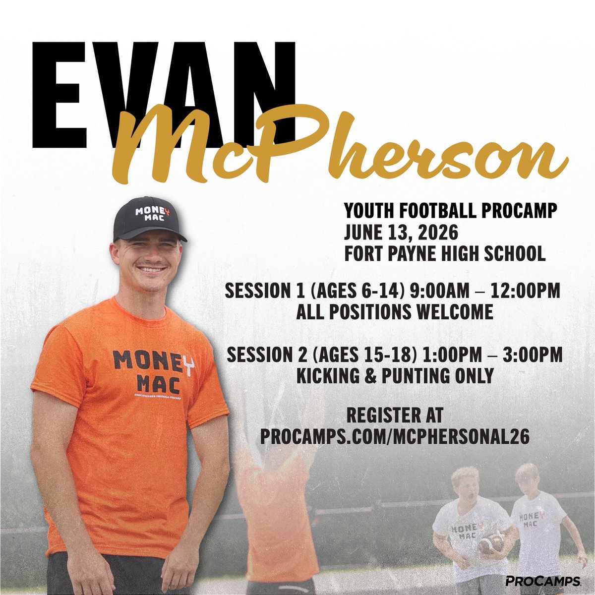 FPCatsFootball's tweet photo. Fort Payne alum Evan McPherson &amp; current kicker for the Cincinnati Bengals, is coming home to host a Youth Football Camp!

Don’t miss this opportunity to learn from one of the best! Open to multiple age groups with a special kicking &amp; punting session for older athletes.

#GoCats https://t.co/JHDim3Lm1o