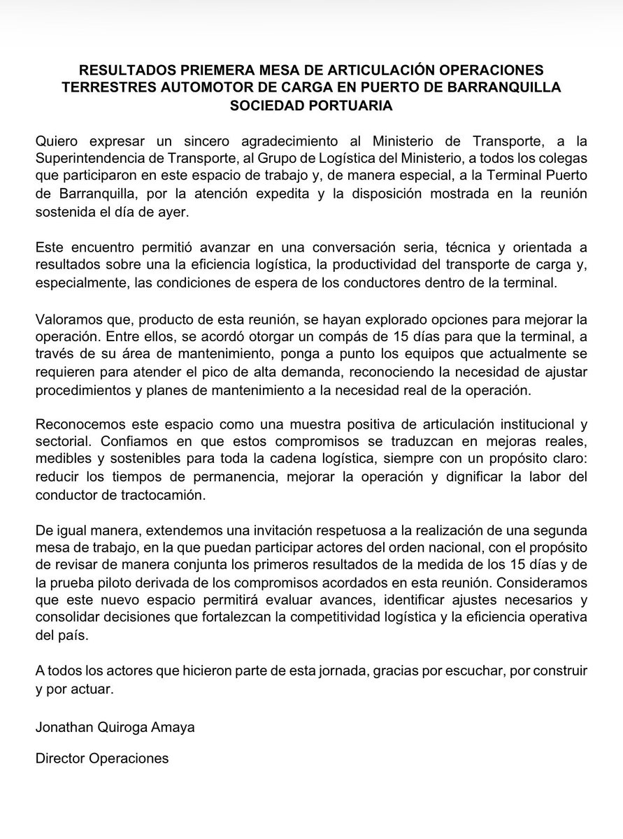 jonathanqa's tweet photo. La primera mesa dejó plan de trabajo piloto para mejorar la operación en @puertobq . Reconocemos la atención expedita de las entidades y de la terminal. Ahora lo más importante: resultados medibles en 15 días y una segunda mesa con actores del orden nacional. https://t.co/wkpairb2sf