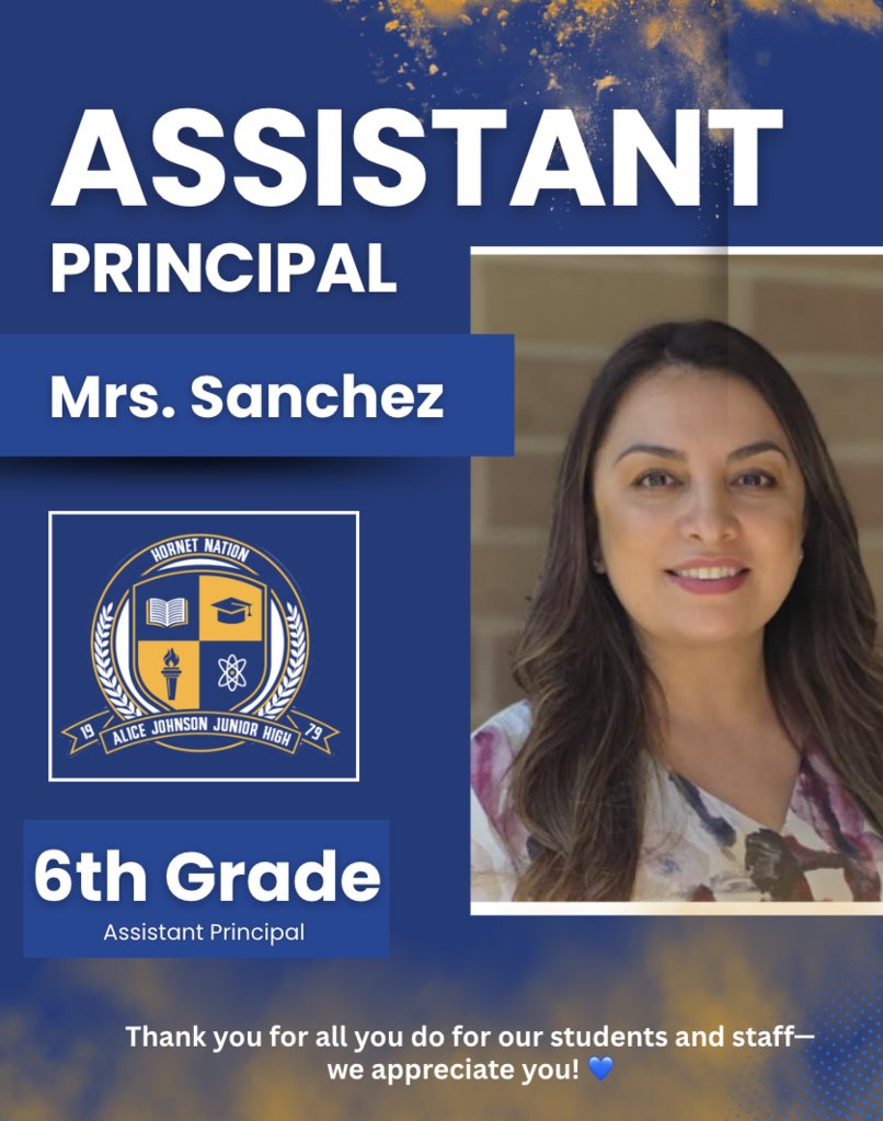 AliceJohnsonJrH's tweet photo. Celebrating our amazing 6th Grade Assistant Principal, Mrs. Sanchez!🎉
Thank you for your leadership and dedication—we appreciate you! 💙 #APWeek #HornetNation https://t.co/wY6i12eBmk