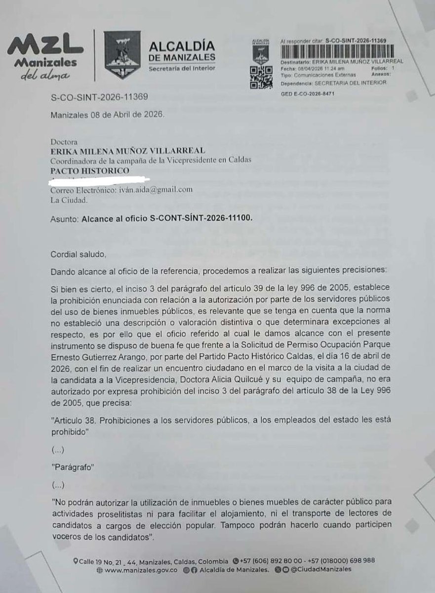 EmisoraUMFM's tweet photo. #NoticiaEnDesarrollo La secretaría del interior de @CiudadManizales se retractó de su primera decisión y autorizó el uso del parque Ernesto Gutiérrez para la manifestación política de la candidata del pacto histórico @aida_quilcue. Ampliación este jueves a partir de las 6:30am en #ElMatutino desde @umanizales con @millanrichard
