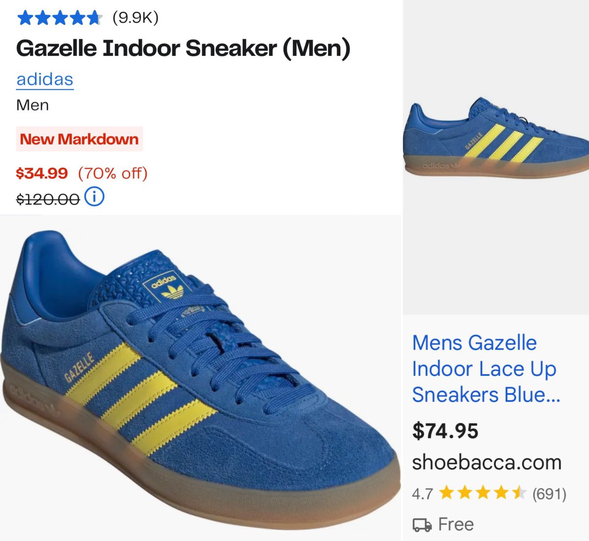 GlitchedDeals's tweet photo. $120 ADIDAS GAZELLE SNEAKERS FOR $34

These indoor soccer/everyday wear sneakers are now 70% off at Nordstrom

Shoebacca currently has the same pair for $75

Free in-store pickup, many sizes in stock

https://t.co/dALWNB7Kei #ad https://t.co/h2sImwTq3W