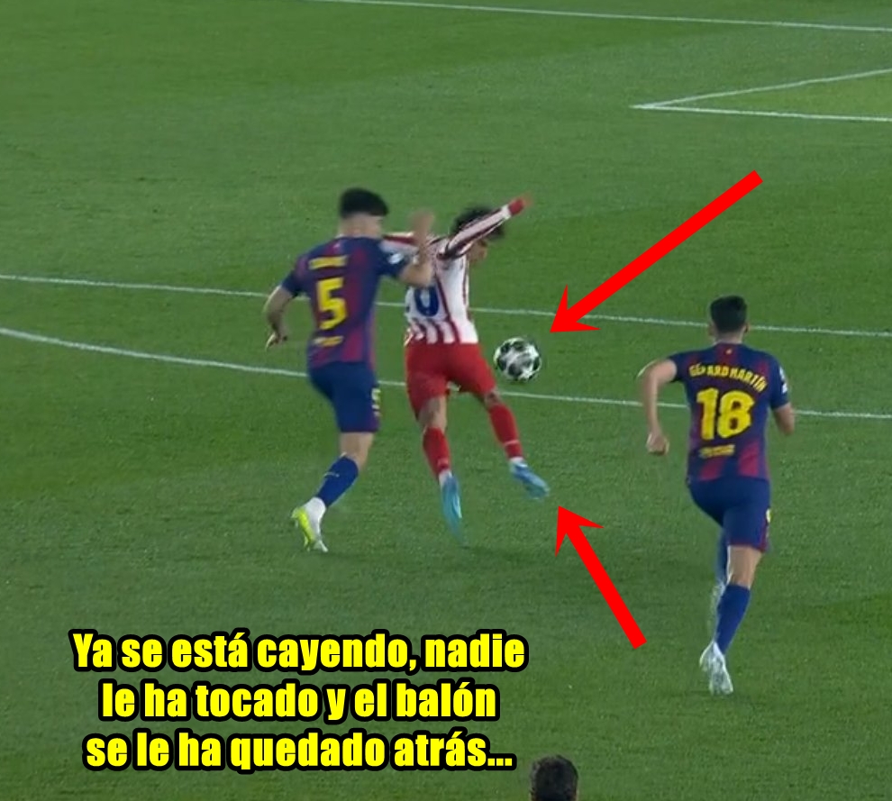 CuentaMister's tweet photo. La imagen más clara es esta, ¿qué hace Giuliano con los dos pies en el aire (y el balón atrás) si Cubarsí aún ni le ha rozado?...

Pues iniciar el intento de piscinazo forzando el contacto con Cubarsí al saber que la bola se le ha quedado atrás y por tanto perdió la ocasión https://t.co/qvrizRbQbW