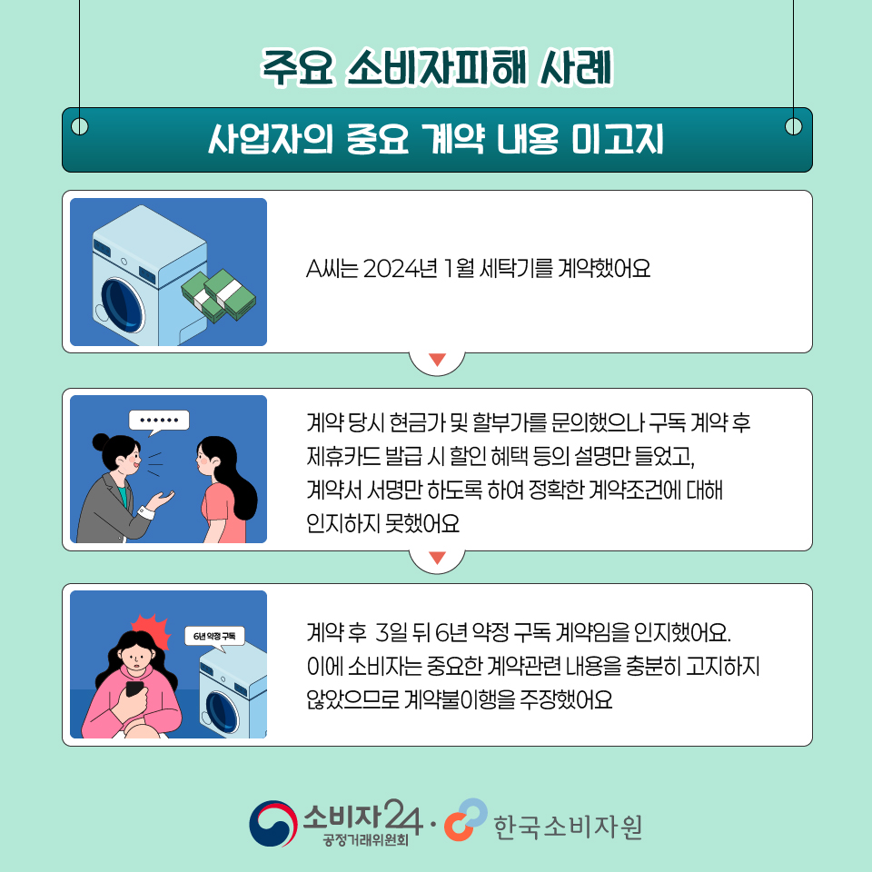 🚨피해예방정보🚨
가전 구독 시 총 구독 비용·판매가격 등 중요정보 충분치 않아요
.
➕자세한 사항은 #소비자24 누리집에서 확인하세요.
📌관련내용 바로가기 : buly.kr/4med7U4
.
#소비자24 #24시간열린소비자포털 #공정거래위원회 #공정위 #한국소비자원 #가전구독 #구독서비스 #구독렌탈