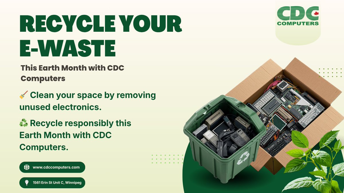 CDCComputers's tweet photo. 🧹 Clean your space by removing old electronics.
♻️ Recycle responsibly this Earth Month.
📍 1561 Erin St Unit C, Winnipeg
🌐 https://t.co/zmCEhaYSMn
#SpringCleaning #EWaste #CDCComputers https://t.co/GcsQNbheq3