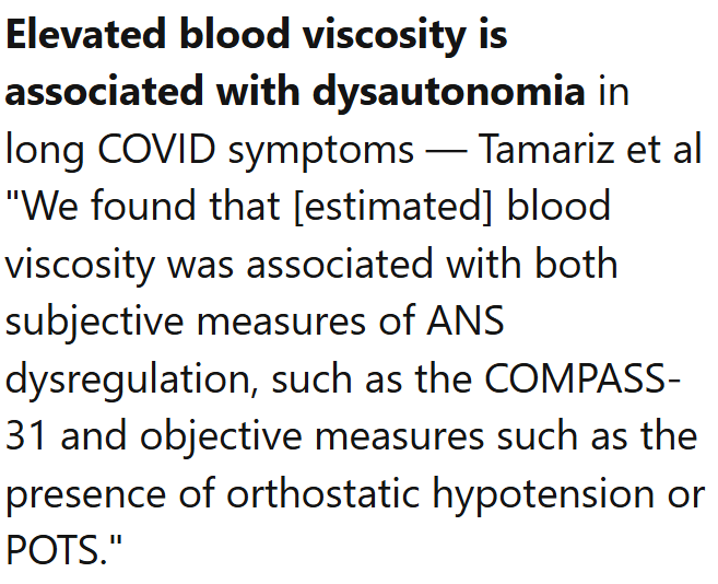 TomKindlon's tweet image. From a Nancy Klimas team:

Elevated blood viscosity is associated with dysautonomia in long COVID symptoms

sciencedirect.com/science/articl…

Screenshot from latest Science for ME weekly update

#LongCovid #dysautonomia
