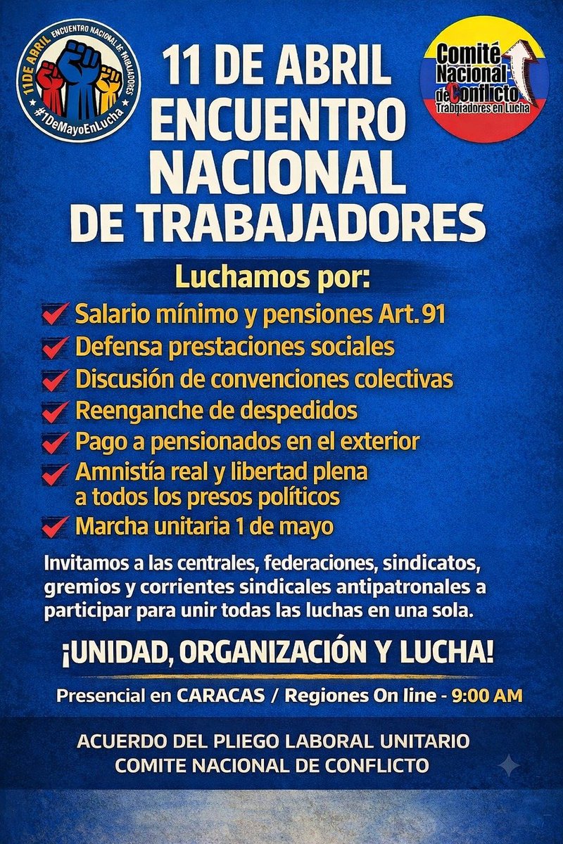 5 centrales, federaciones, sindicatos, gremios y más de 300 dirigentes sindicales anti-patronales de todo el país, debatirán este #11Abril próximas acciones de calle para rescatar todos los derechos laborales que han sido despojados a los trabajadores. #EncuentroDeTrabajadores