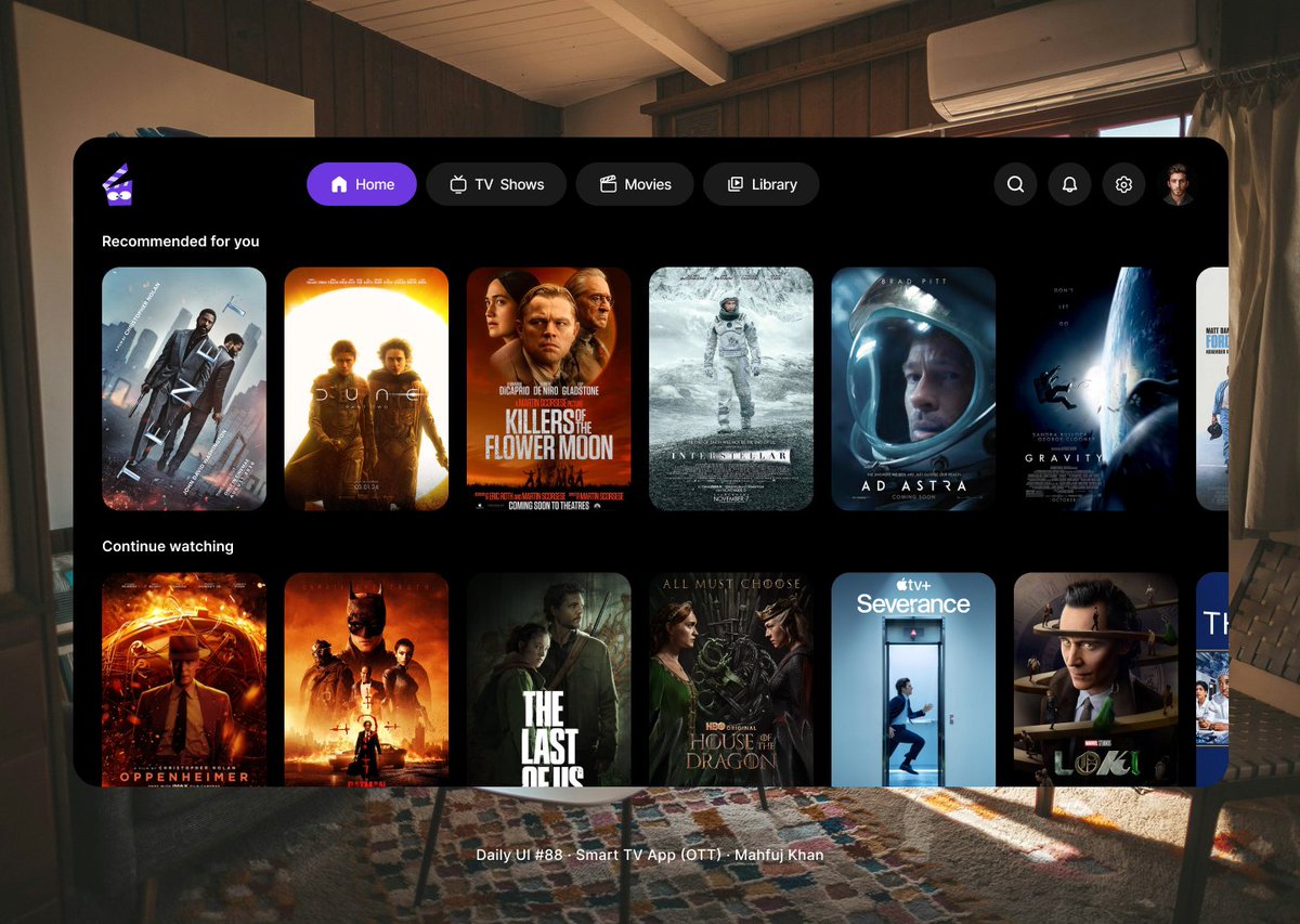 Mahfujkn's tweet photo. DailyUI Day 88 🎬

Spatial OTT dashboard for Smart TV. Features content discovery with "Recommended" &amp; "Continue watching" rows. Clean glassmorphic navigation meets vibrant posters. Reimagining home entertainment. ✨

#dailyui #uidesign #ux #figma #DailyUI88 https://t.co/m7tft0VKr3