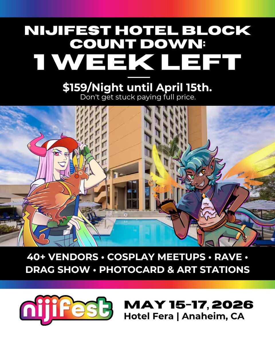 ✨ Book Your Hotel Stay! ✨

Hotel Block Prices increase in just ONE WEEK! Don’t wait, lock in your $159/night room before the April 15th deadline. 🔗 in bio! 

Come party with us at NijiFest on May 15-17th! Tickets are available at nijifest.org! 💗