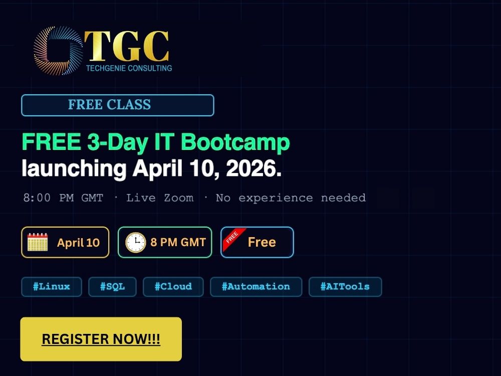 TechGenieLLC's tweet photo. FREE 3-Day IT Bootcamp starting April 10, 2026 at 4PM GMTI
Techgenie Consulting is running a live Zoom course for anyone who wants real, job-ready IT skills - completely FREE.
Register @ https://t.co/4yowH5NRFi
#TechGenieConsulting #ITBootcamp #FreeTraining #Linux #SQL #Cloud #AI https://t.co/18NFaSpGac