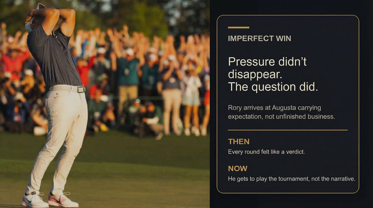Imperfect_Win's tweet photo. Pressure used to be the whole Rory story at Augusta. Now it’s just part of the setting. That shift matters. He’s not trying to outrun the question anymore. He gets to play the tournament, not the narrative.

#ImperfectWin #RoryMcIlroy #TheMasters https://t.co/7hUz5zBZDs