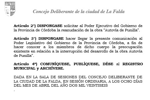 Aprobamos en el Concejo Deliberante un Proyecto de Resolución instando al Gobierno Provincial a reanudar la construcción de la #Autovía de #Punilla. Su continuidad es imprescindible para el desarrollo de nuestra ciudad y de toda la región.