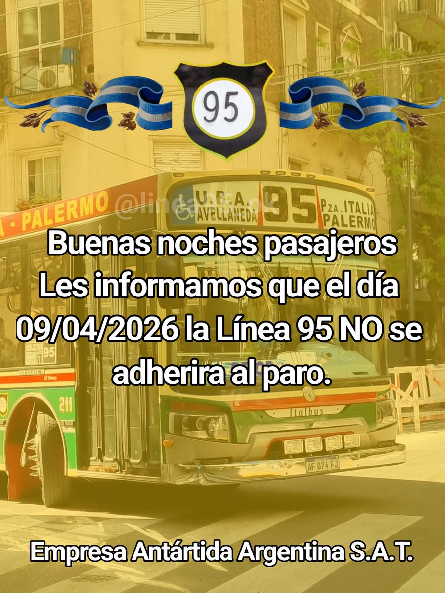 Buenas noches usuarios, les informamos que el día de mañana la #LINEA95 no se adhiere al paro previsto para el día de mañana.

 <a href="/CiudadDeBondis/">Ciudad de Bondis</a>