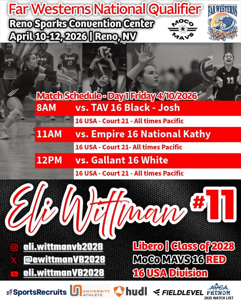 EWittmanVB2028's tweet photo. Very Excited!  Far Westerns Qualifier this weekend.  Friday, Day 1 Schedule!   @MocoMavsRecruit @JJWitt2 @MoCoMavs https://t.co/S3W2Pxapvb