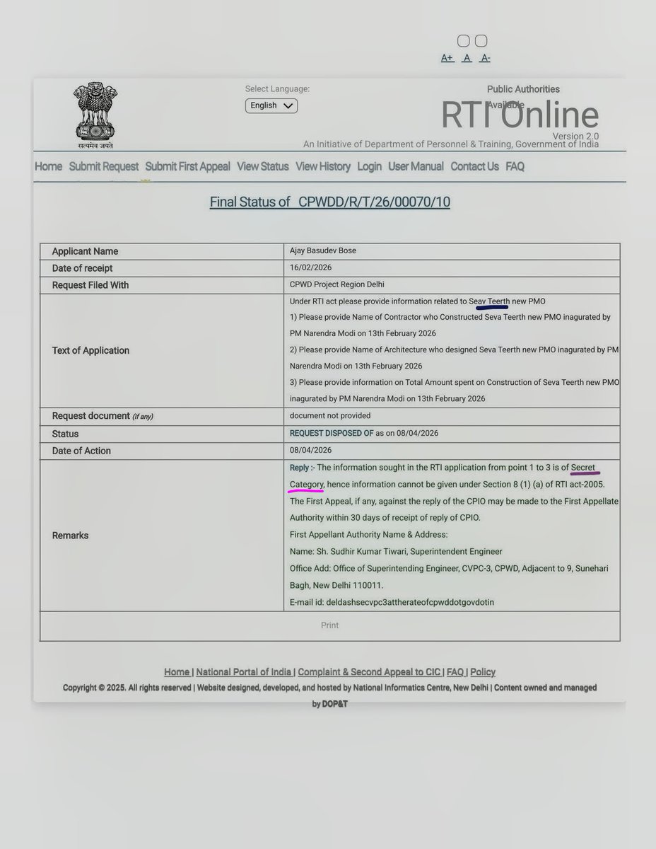 AjayBos93388306's tweet photo. I had filed RTI with CPWD Projects to know about Cost incurred & Name of Contractor who Constructed New PMO Seva Teerth inagurated by PM Modi on 13th Feb 2026,But information Denied saying "Secret Category"
I don't know what's Secret,after all it's Tax Payers Money involved
@narendramodi @mlkhattar @RahulGandhi @tanmoyofc @mediacrooks @lokhitindia777 @lokhitnews123 @DrRakeshPathak7 @TellingRavindra @ankit_raj12 @santoshpathak12