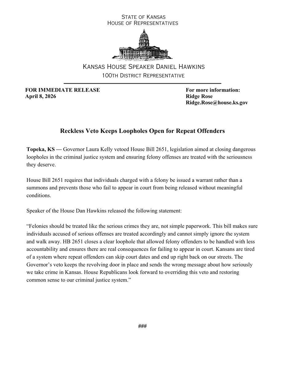 DanHawkinsKS's tweet image. Felonies should be treated like the serious crimes they are, not simple paperwork. #ksleg

See my full response to the veto of HB 2651: