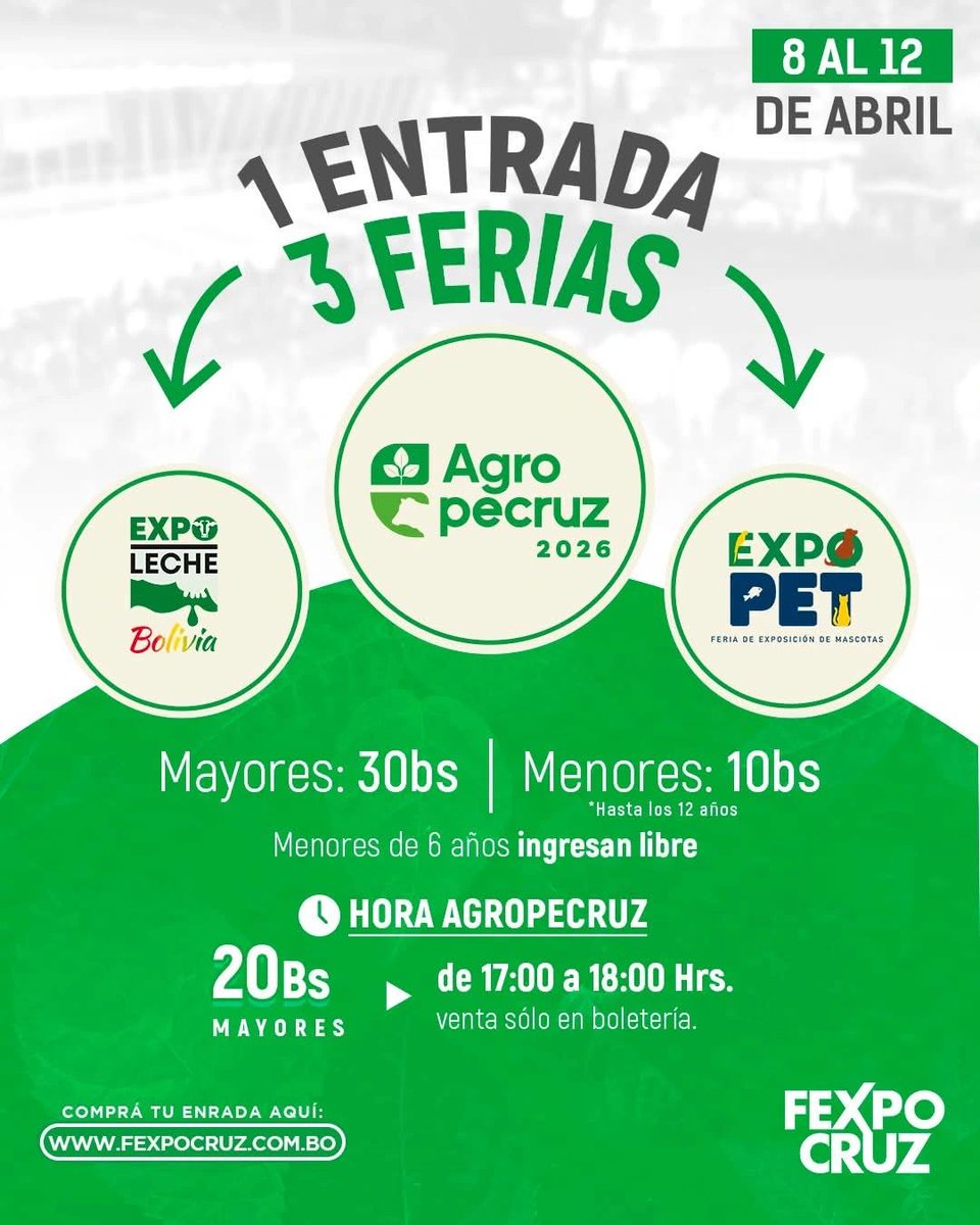 #Bolivia. Santa Cruz. Disfrutá de #3ferias en un solo lugar! Con tu ingreso a #Agropecruz2026, podés recorrer #Expoleche y #Expopet, con animales de alta genética, aprenderás  producción lechera y vivirás el mundo de las mascotas.

Del 8 al 12 de abril en FEXPOCRUZ