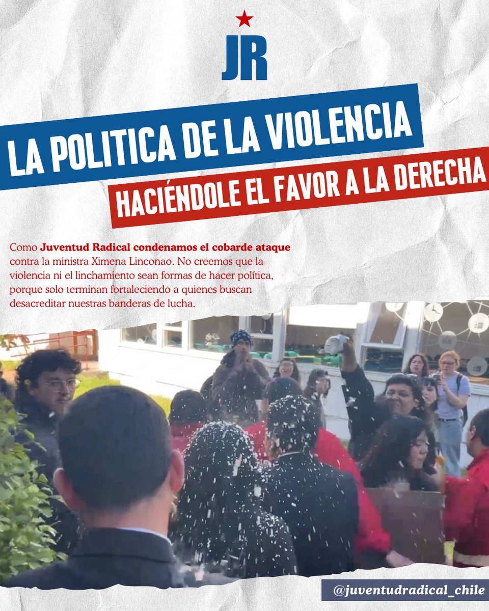 JRadicalcl's tweet photo. Condenamos el cobarde ataque contra la ministra Ximena Linconao. La violencia y el linchamiento no son formas de hacer política: solo debilitan la democracia y terminan fortaleciendo a la derecha.

#NoALaViolenciaEnPolitica #JuventudRadical https://t.co/OI9NFt3fje