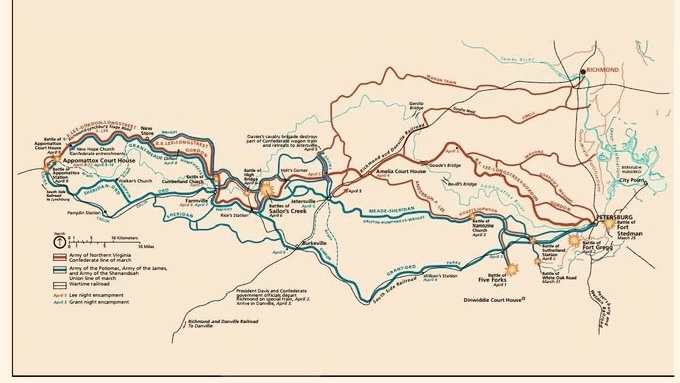 TammiMinoski's tweet image. #OTD in 1865: General Grant divided his troops in order to corner General Lee’s army. Federal cavalry under General Custer captured Confederate supply trains at Appomattox Station and get in front of the Army of Northern VA to the west. #CivilWar