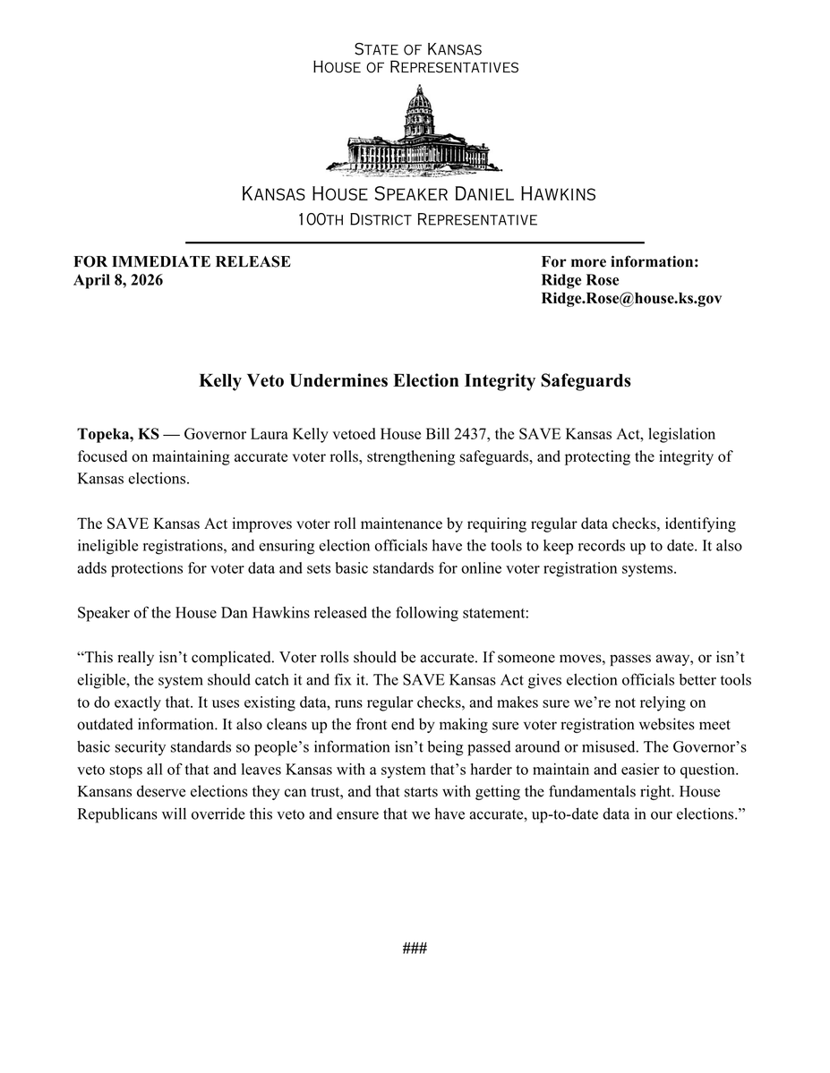 DanHawkinsKS's tweet image. The SAVE Kansas Act ensures that our voter rolls are clean now and into the future. #ksleg

My full response to the Governor's veto of HB 2437 is below: