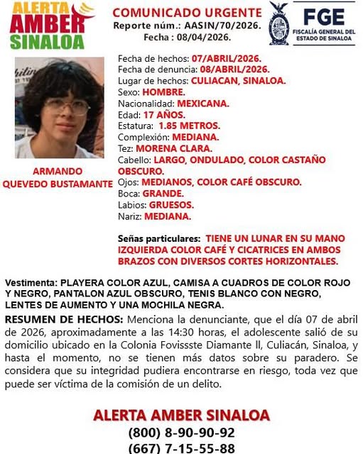 Riodoce_mx's tweet photo. La #FGE solicita la colaboración ciudadana para localizar a #Armando Quevedo Bustamante, de 17 años de edad, desaparecido el 7 de abril en la colonia Fovissste Diamante II, en #Culiacán. https://t.co/46UIrgl6K4