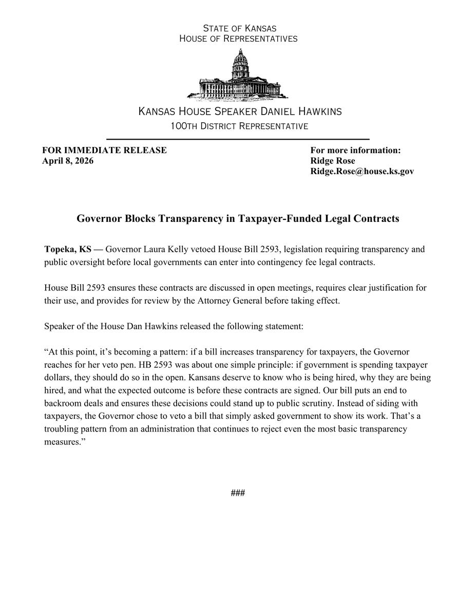 DanHawkinsKS's tweet image. “At this point, it’s becoming a pattern: if a bill increases transparency for taxpayers, the Governor reaches for her veto pen." #ksleg

My full statement responding to the veto of HB 2593 is below: