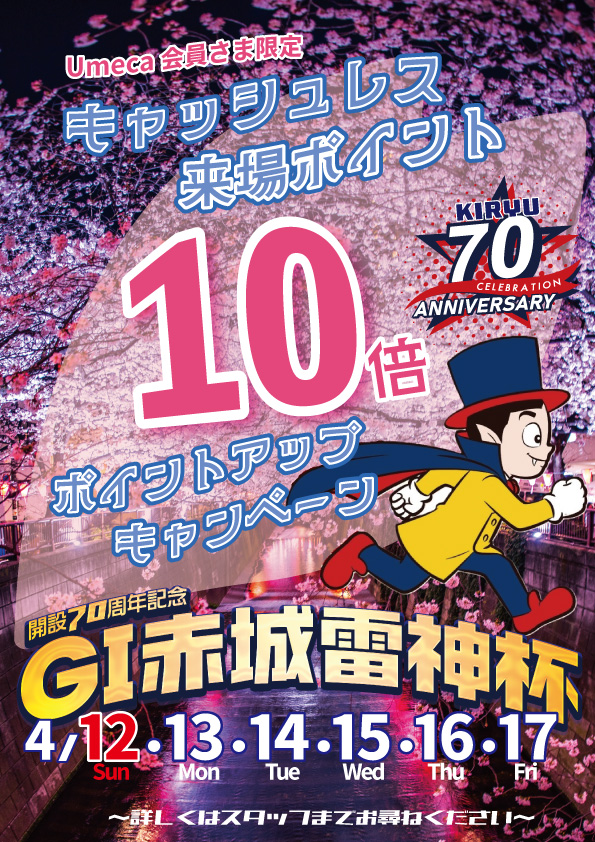 ボートピア梅田でキャッシュレス投票を 
ご利用のUmeca会員様は  

4月12日(日)～4月17日(金)の 期間中、
来場ポイントが「１０倍」になります🥰

 まだ会員でない方は、是非この機会に 
Umeca会員登録をオススメいたします☺️

 #梅田 #ボートレース #桐生 ＃赤城雷神杯