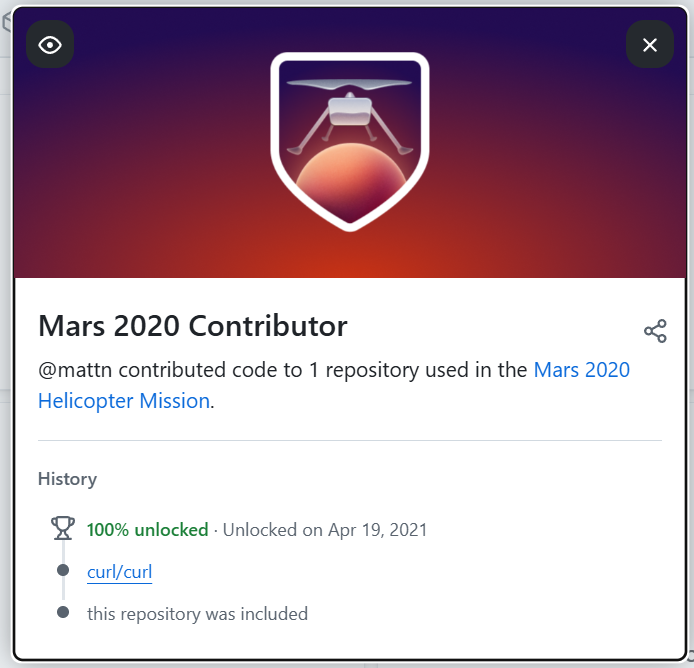 僕が 2020 年に書いた curl へのパッチも火星に行ったのでこのバッジ貰ったんだよね。