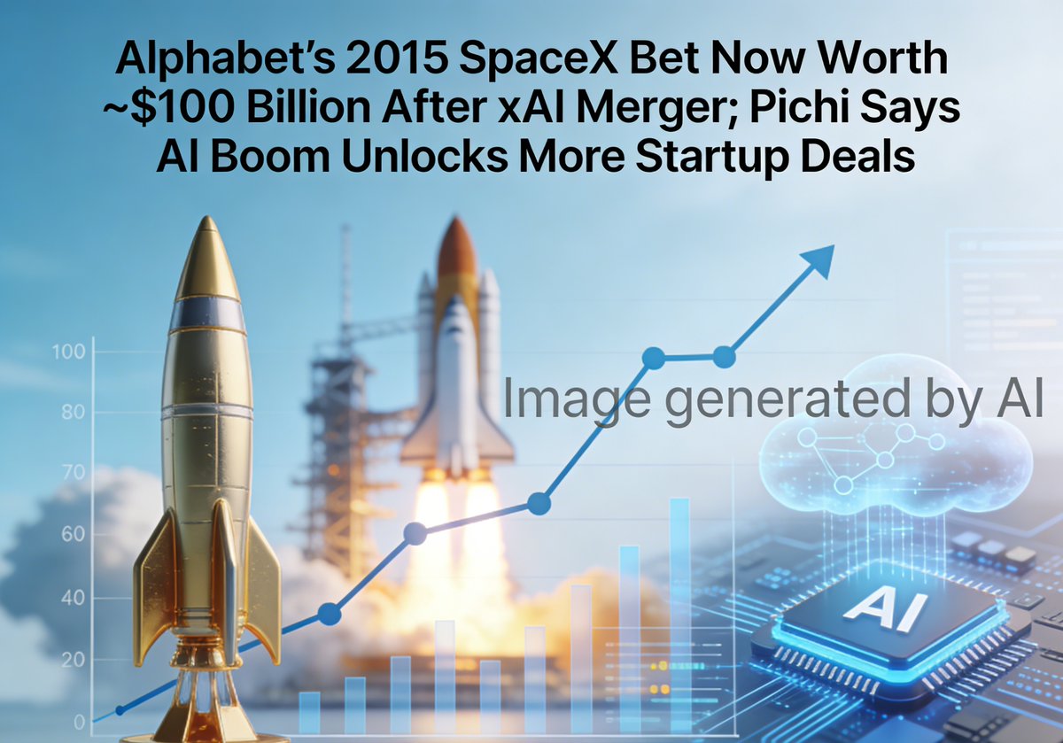 WindInfoUS's tweet image. Alphabet’s 2015 SpaceX investment (valued at $12B then, $900M stake) now worth ~$100B after SpaceX-xAI merger hit $1.25T in Feb. CEO Sundar Pichai: AI boom opens door to more startup deals like SpaceX/Anthropic — “we’re putting capital to work.”
#Alphabet #SpaceX #TechDeals