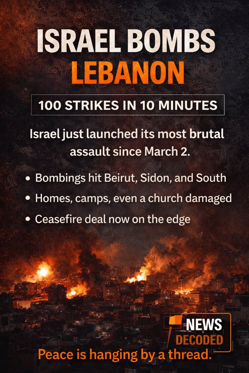 NewsDecodedHQ's tweet photo. Israel just launched one of its most intense attacks on Lebanon.

100 strikes
10 minutes

This isn’t escalation.
This is a message.

→ Ceasefire already under pressure  
→ Regional tensions rising fast  
→ Risk of wider conflict increasing  
This situation is moving very fast. https://t.co/bT6HM6Wo6y