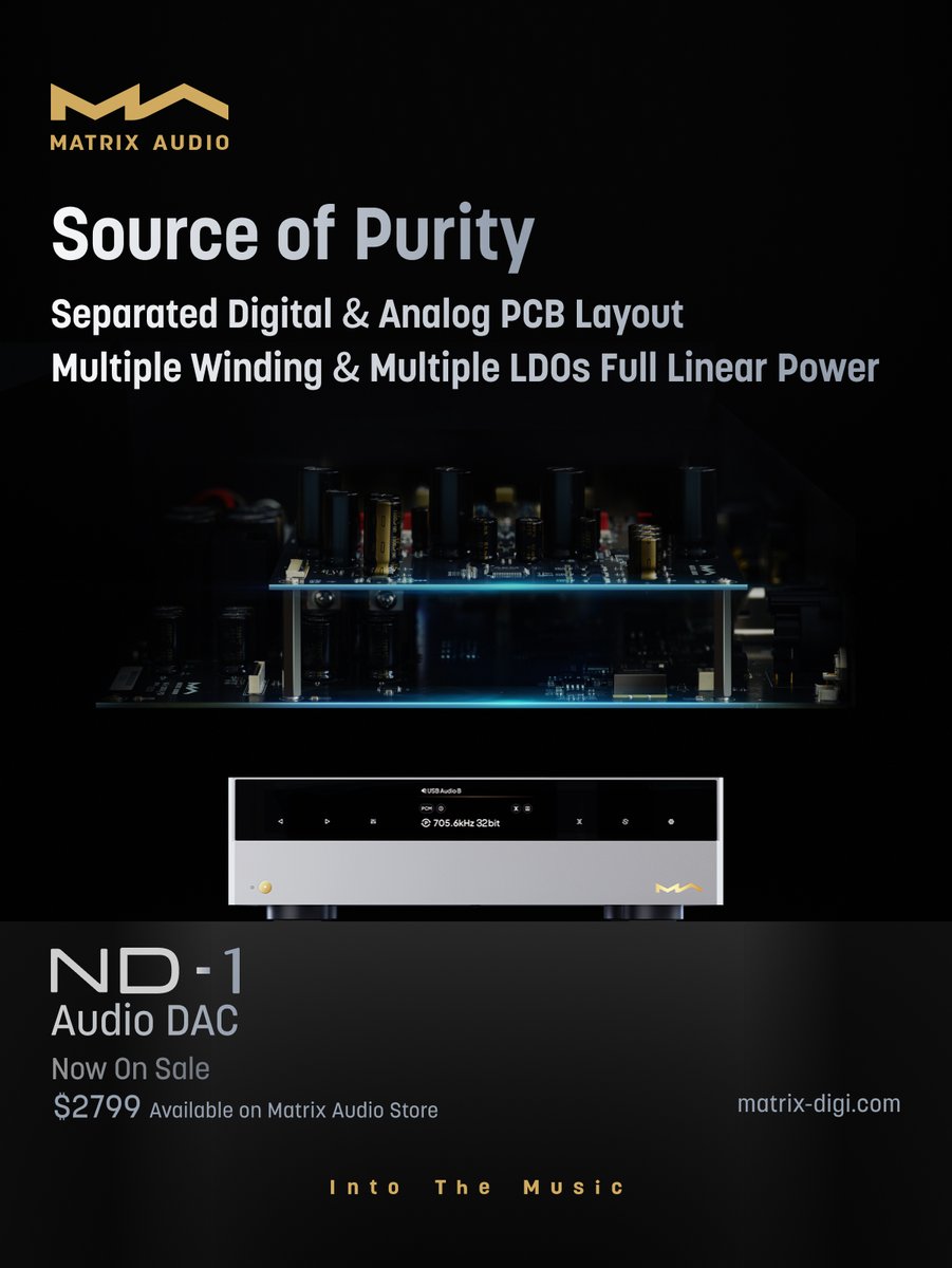 matrix_digi's tweet image. 「Matrix Audio」｜ND-1 Audio DAC💎
Separated digital and analog circuits.🔋
Independent linear power supply.✨
Presenting pure sound reproduction.🎶

「Matrix Audio」· Into The Music
#matrixaudio #hifi #newproduct
