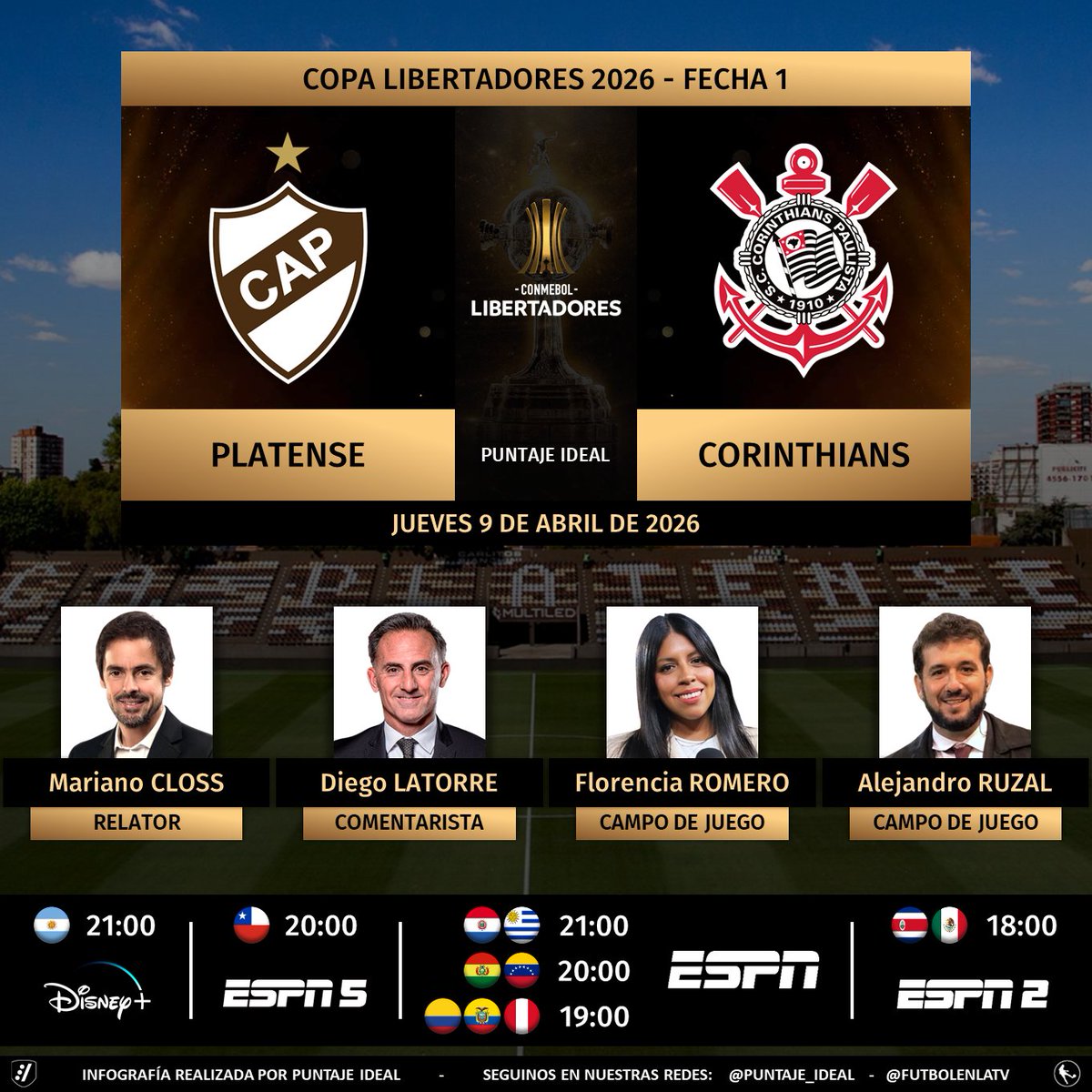 Puntaje_Ideal's tweet image. ⚽ #Libertadores | 🇦🇷 #Platense vs. #Corinthians 🇧🇷
🎙 Relator: Mariano Closs
🎙 Comentarista: @dflatorre 
🎙 CdJ: @florjuy_ - @AleRuzal 
📺 #ESPN5 Chile 🇨🇱
📺 #ESPN Sudamérica (❌🇦🇷🇨🇱)
📺 #ESPN2 Norte
💻📱 @disneyplusla Latam
🤳 #LIBERTADORESxESPN - #GloriaEterna
Dale RT 🔃