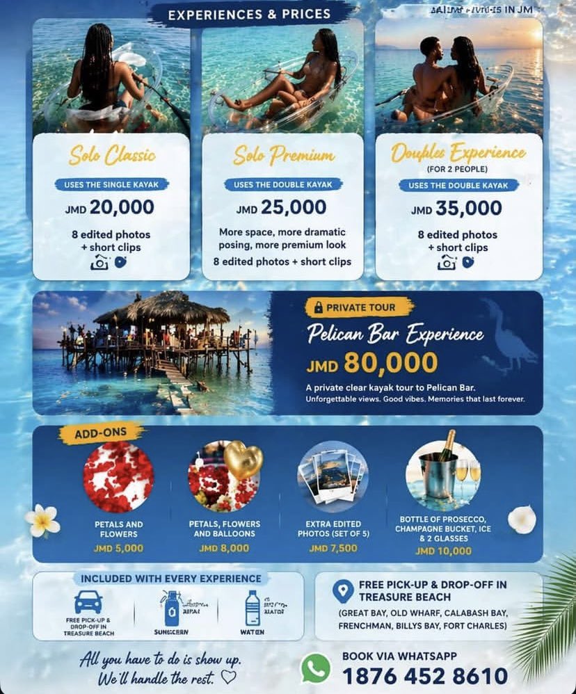 Clear kayak services…Pelican Bar by Parottee in Black River experience on offer…also free pickups from Treasure Beach on offer
St. Elizabeth, Jamaica
