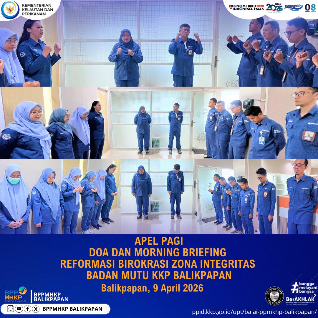 bppmhkp_bpn's tweet photo. Dengan Slogan nya “Kuat Sukses Maju Bersama”
Apel Pagi
Doa dan Morning Briefing
#BPPMHKP
#PanganBiru
#25tahunkkp
#sailbeyondwithblueeconomy
#2025KKPRiseTogether
#EkonomiBiruUntukIndonesiaEmas
#KKPGOID
#SaktiWahyuTrenggono https://t.co/jstohpoqgt