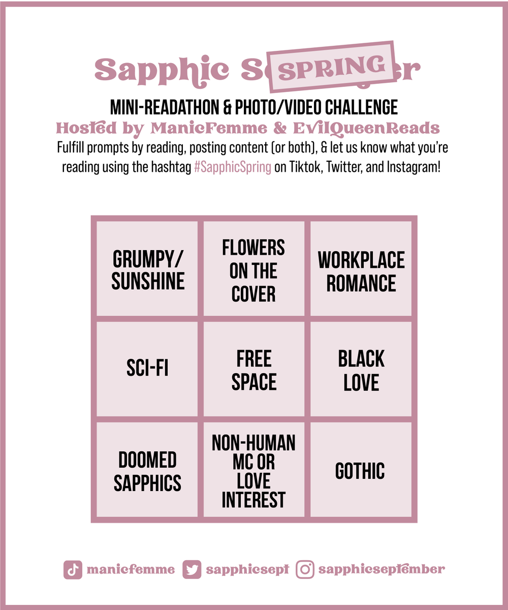 SapphicSept's tweet photo. Hi, hello! Last minute Bingo Board for #SapphicSpring 2026 which runs from my (Landice's) birthday tomorrow (I know, I know, sorryyyy), Thursday, April 9th to Lexi's birthday on Thursday, April 23rd! https://t.co/f9td7ZKHxA