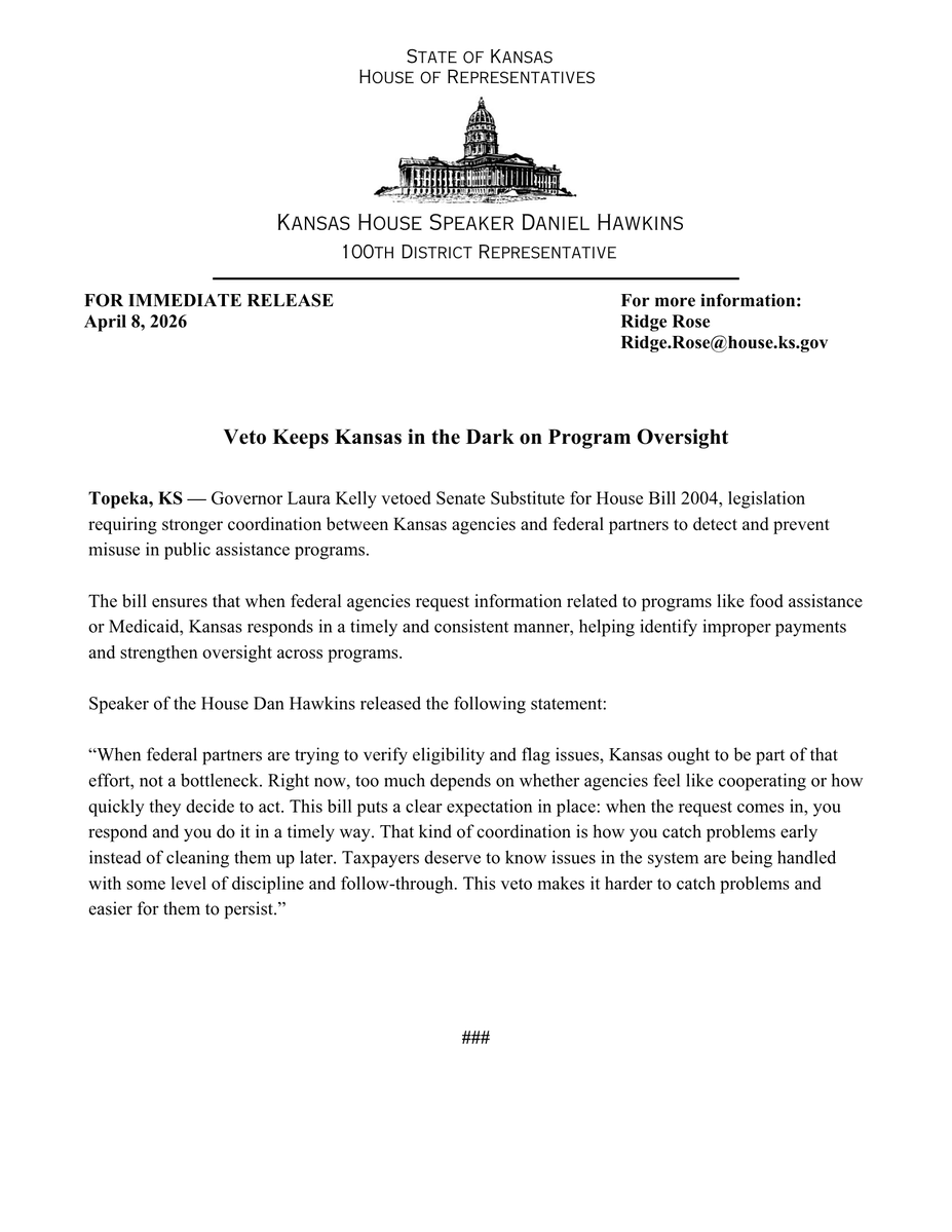 DanHawkinsKS's tweet image. The following is my full statement on the veto of HB 2004: #ksleg