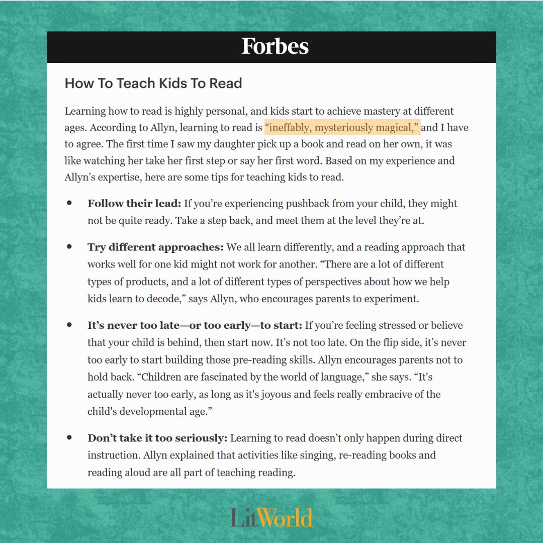 litworldsays's tweet photo. Our Founding Director Pam Allyn is featured in Forbes Magazine for her expert recommendations on children's literacy. 📚 https://t.co/LWB3xh1tqT