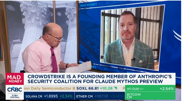 CrowdStrike's tweet image. You can't have AI without security." 🛑🤖

Today on @MadMoneyOnCNBC, @George_Kurtz joined @JimCramer to discuss CrowdStrike’s role in Project Glasswing, @AnthropicAI’s initiative to tackle zero-days found by their new AI model, Mythos.

Key takeaways: 
🛡️ The advantage is finally