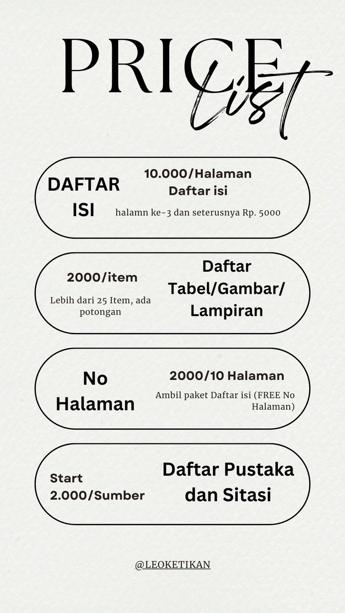 leoketikan's tweet photo. Joki Tugas Rapihin/Benerin file Tugas Rapihinn/Benerin file Makalah, Skripsi, Tesis, dll
- Bikin Daftar isi
- Daftar Tabel
- Daftar Gambar
- Daftar Lampiran
- Benerin no halaman (bisa custom)
- Ketik

info lebih lanjut atau mau tanya2 dulu bisa hubungin👉
https://t.co/a2rFHFyccr https://t.co/2RUONhZ7RY