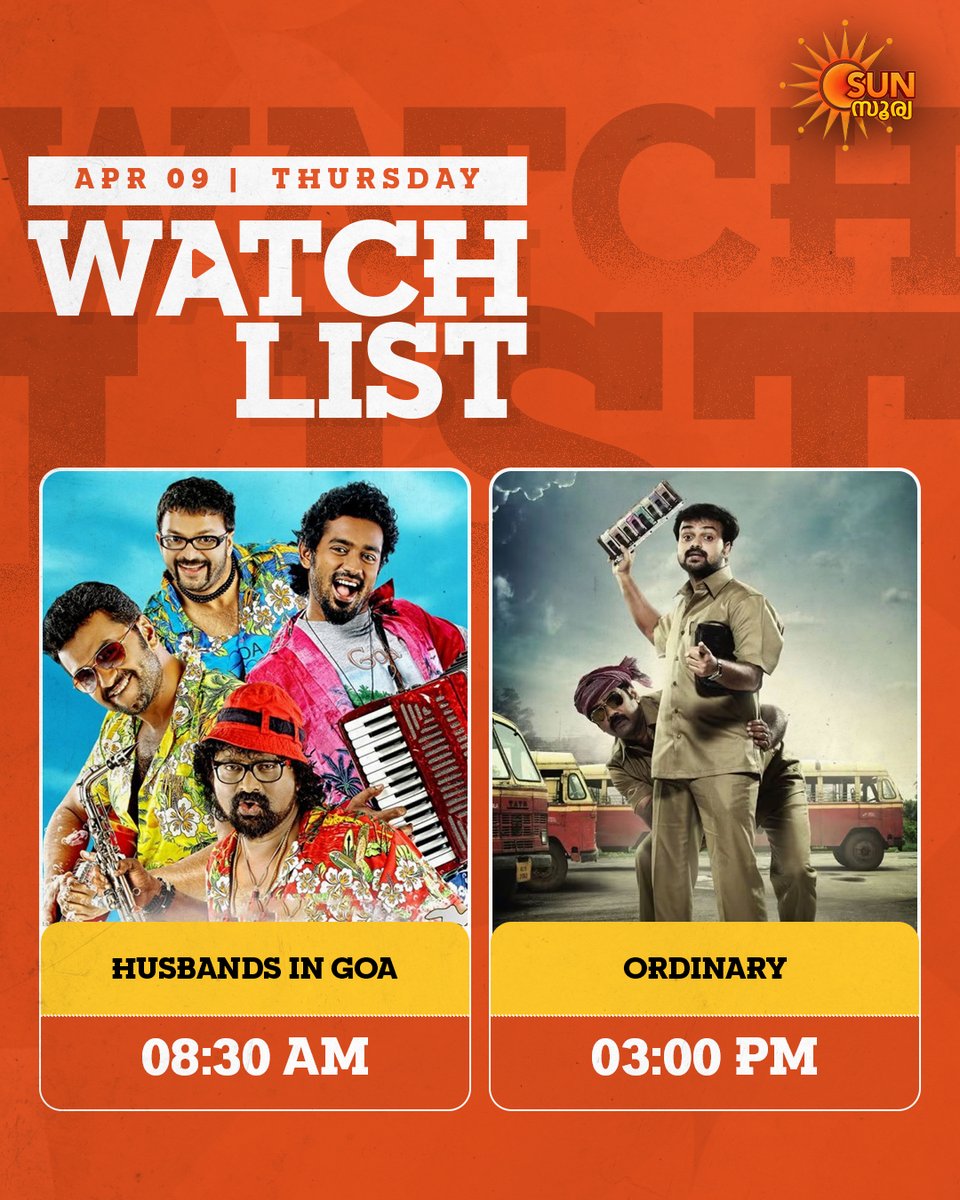 SuryaTV's tweet photo. ๐ฌThursday Movie Delight on Sun Surya๐ฌ
๐ฃ08:30 AM: Husbands in Goa
๐ฃ03:00 PM: Ordinary
Your Thursday is packed with laughter, emotion, and feel-good vibes, only on Sun Surya๐
#SuryaTV #jayasurya #HusbandsInGoa #Ordinary #MalayalamCinema #asifali #bijumenon #kunchackoboban #indrajith #SuryaDigital