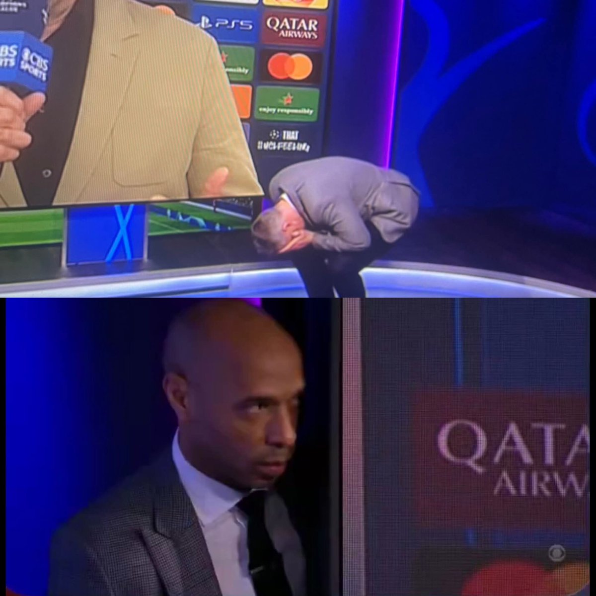 مفيش أحلى من استوديو CBS… حرفيا أي حاجة ممكن تحصل

الناس قاعدة بتحلل ماتش ليفربول وباريس فدخل عليهم بيتر شمايكل من قلب الملعب وقال رأي مضحك وهو أن ليفربول كان متماسك دفاعيا لدرجة إنه منع باريس يسجل أكتر من هدفين

لحظة استيعاب وبعدين انفجار ضحك… كاراجر مش قادر يمسك نفسه وتييري