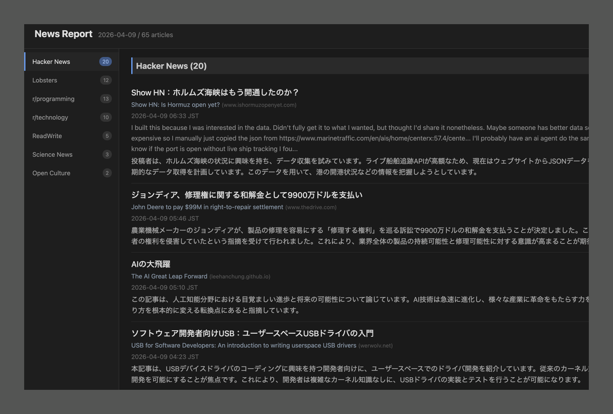 ryochin's tweet photo. Claude Code に海外のテック記事をクロールして AI でサマらせるツールを作ってもらった。このまま進めて RSS リーダを完全に自作してしまいたくなる。 https://t.co/jtVouhRekE