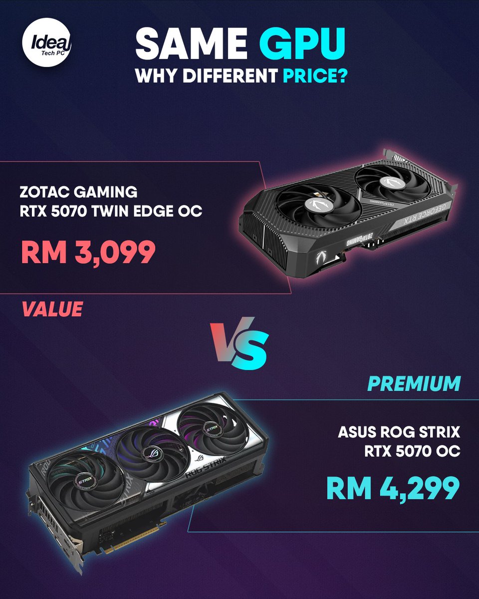 IdealTechMY's tweet photo. Premium models usually have better cooling, lower noise, better build quality &amp; features that can improve reliability/functionality. But for some, performance difference is often small. 

What's your thoughts? https://t.co/p1QA8qCEC0