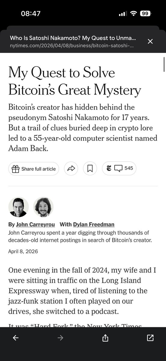 你们又在扯淡呢？<a href="/nytimes/">The New York Times</a> ？前几天利用谷歌量子攻击公钥反推私钥的新闻满天飞。今天又要炒作发现了中本聪是谁，无聊不无聊。

人家亚当·巴克<a href="/adam3us/">Adam Back</a> 本人在X上都重申了“I am not Satoshi”的立场。并且这话题反复上演。目的是什么？

我来给大伙吹个角度，你们琢磨琢磨在理不在理。