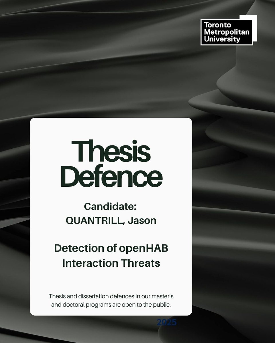 CompSciGradTMU's tweet photo. Upcoming Thesis Defence at TMU Computer Science Graduate Studies

Detection of openHAB Interaction Threats

Candidate: QUANTRILL, Jason https://t.co/3gwUdC2ax8