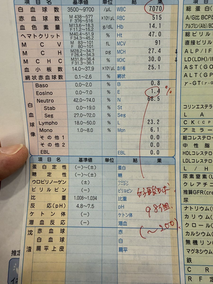 血液検査した結果、好酸球が低く、あんまりアレルギー症状が見られない 