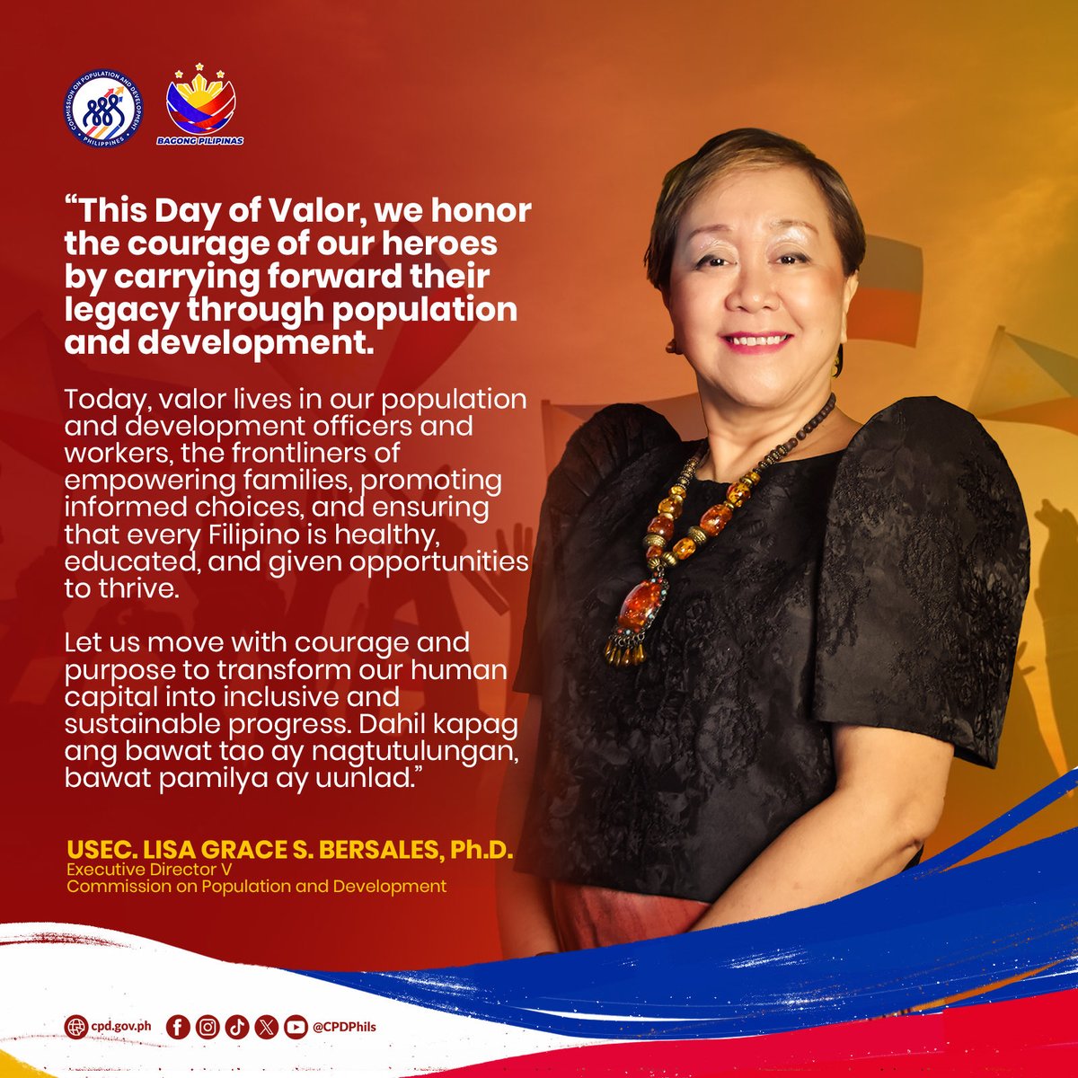 CPDPhils's tweet photo. This Day of Valor, we honor the courage of our heroes by carrying forward their legacy through population and development (POPDEV). ❤️

#CPDat57 #TaoAngPusoNgPagUnlad https://t.co/4dtuqQOqvF