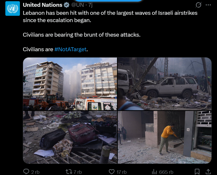SoftWarNews's tweet photo. Bahkan PBB pun tidak mengutuk Israel yang melakukan serangan paling brutal terhadap warga sipil Lebanon. https://t.co/biPAl1XkAW