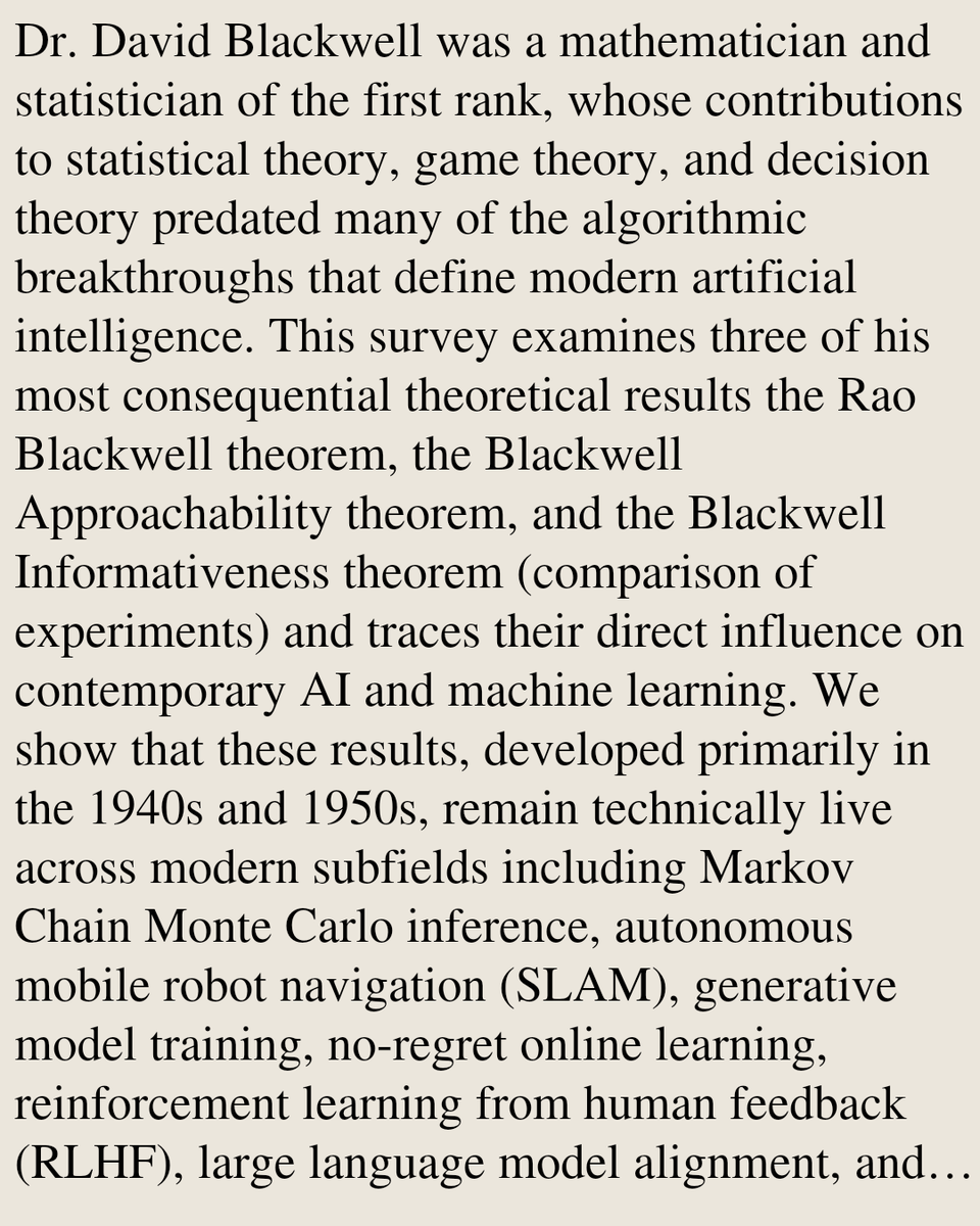 IMKTA's tweet photo. The Theorems of Dr. David Blackwell and Their Contributions to Artificial Intelligence

Napoleon Paxton
https://t.co/kwTQJdyuk1 [𝚌𝚜.𝙶𝙻 𝚌𝚜.𝙻𝙶 𝚜𝚝𝚊𝚝.𝙼𝙻] https://t.co/HbApotpziO