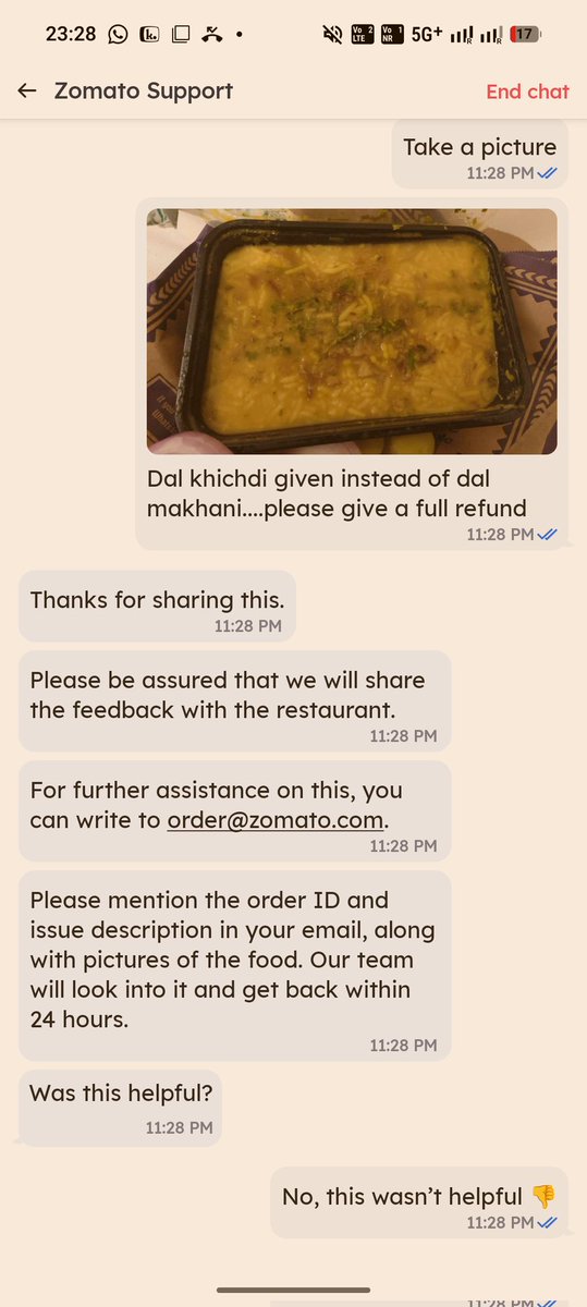 aspgenius's tweet photo. Extremely stupid customer service from @zomatocare @zomato @Zomato_india  .I ordered a dal makhani but recieved Dal Khichdi and still issue hasn't been resolved https://t.co/FepahYPlAx