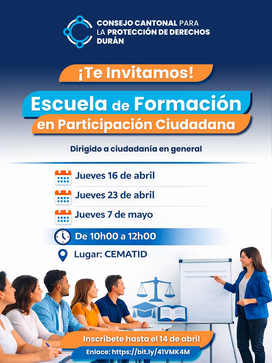 📢 ¡Participa en la Escuela de Formación en Participación Ciudadana!

✍️Inscríbete hasta el 14 de abril: bit.ly/41VMK4M

¡Tu participación es importante para construir una ciudadanía más activa y comprometida!

#ProtegemosTusDerechos
#TransformaciónConResultados
